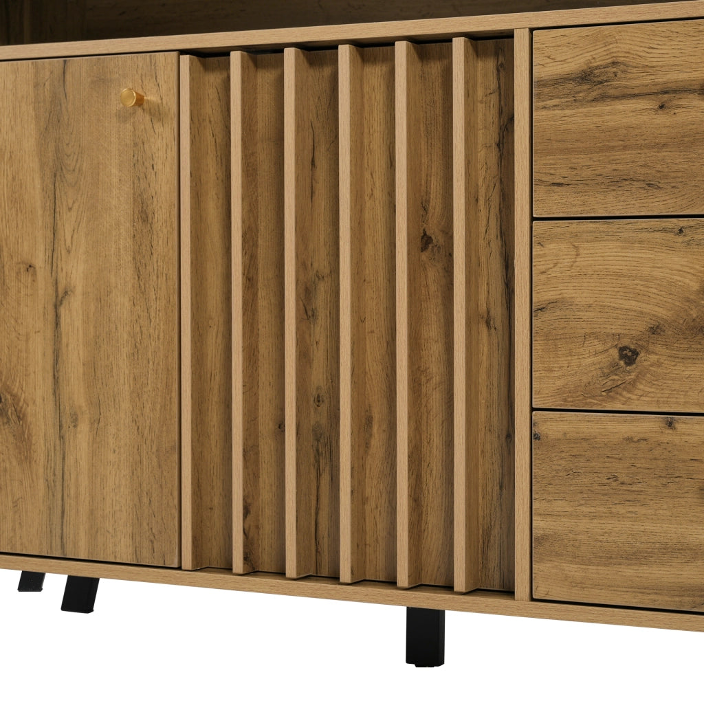 Credenza con 3 cassetti e 2 ante effetto rovere scuro, ripiano regolabile e vano a giorno