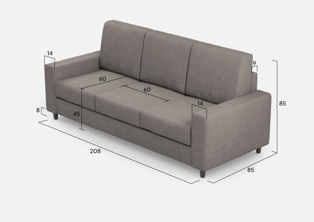 Divano 3 Posti 208x85x85 cm Sakar in Tessuto Grigio