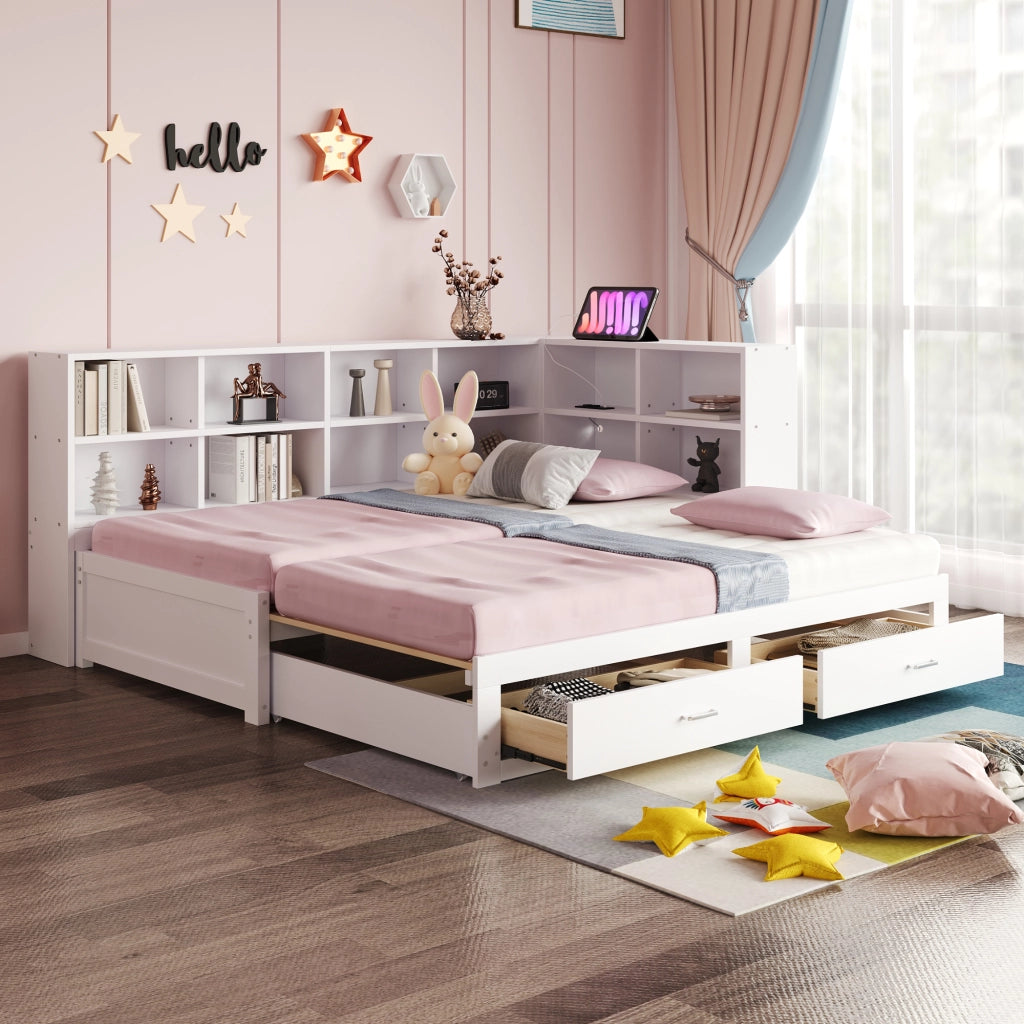Letto con letto estraibile 90 × 190 cm estensibile a 180 × 190 cm con cassetti e prese multifunzione bianco
