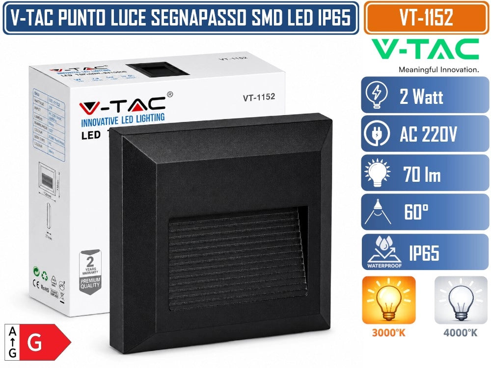 V-TAC VT-1152 FARETTO SEGNAPASSO LED QUADRATO DA PARETE 2W A MONTAGGIO SUPERFICIALE PER INTERNO ED ESTERNO IP65 NERO 70 LM 3000K/ - Colore Luce:Bianco Naturale