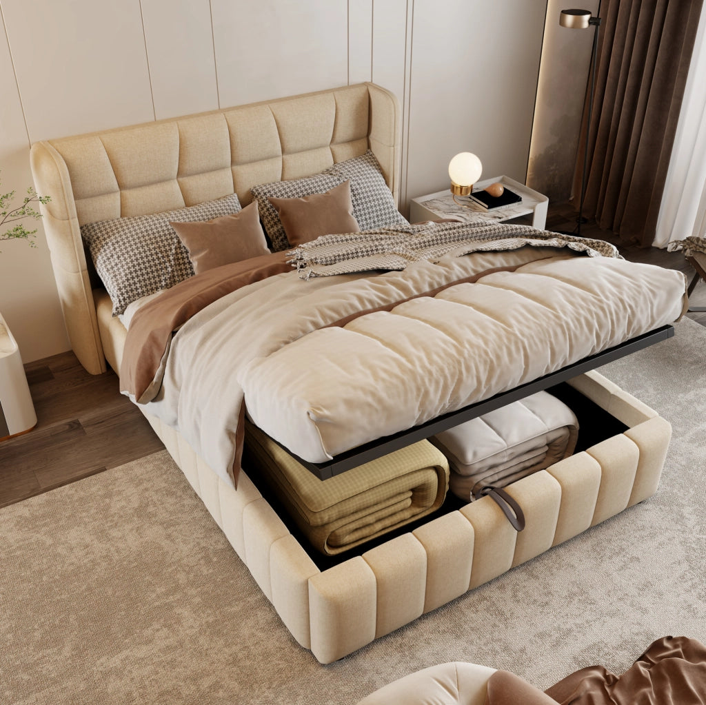 Letto imbottito 140x200 cm con contenitore e struttura in lino beige