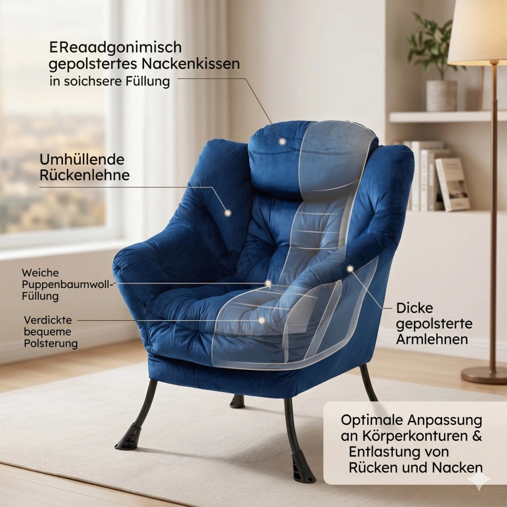 Poltrona relax con poggiapiedi blu scuro con supporto ergonomico e tasca laterale