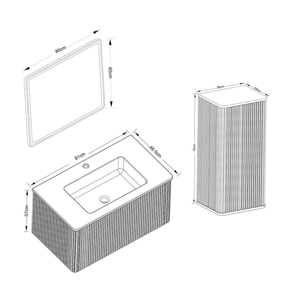 Mobile bagno sospeso con lavabo; colonna laterale e specchio LED regolabile antiappannamento; bianco con righe verticali