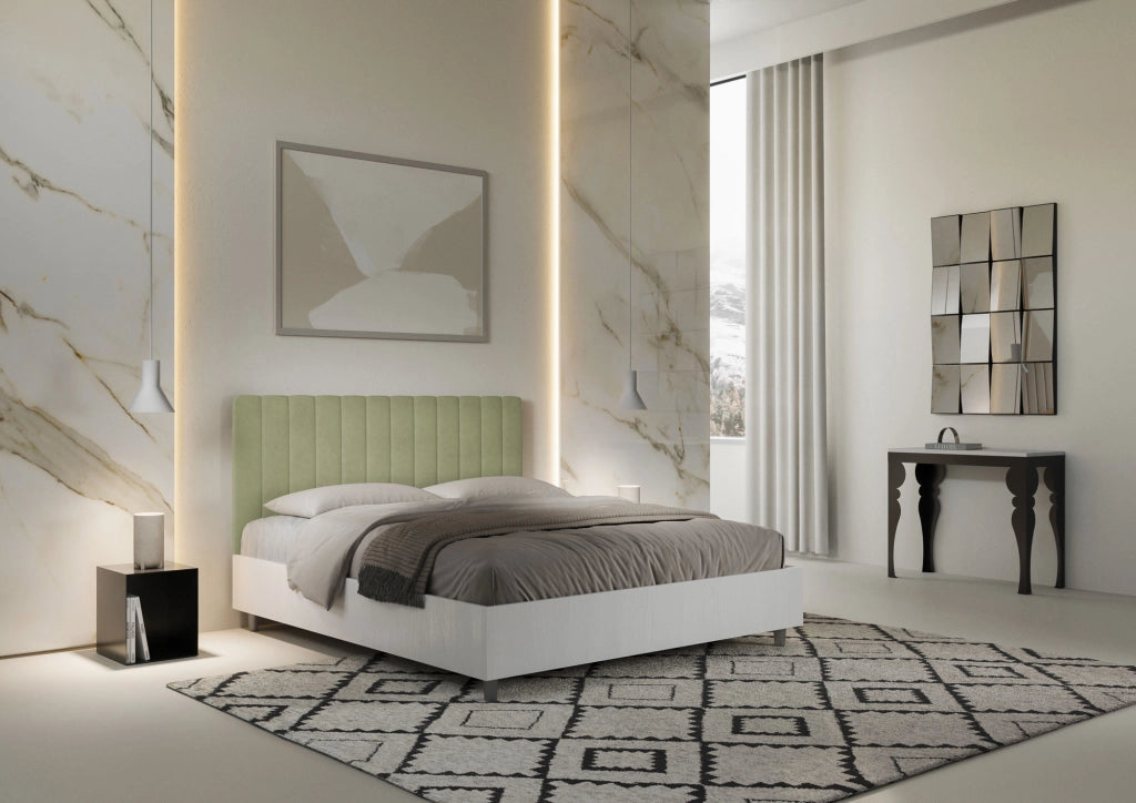 BS COM Letto matrimoniale con rete 160x190 bianco frassino testata microfibra tè verde