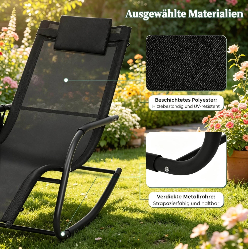 Sedia a dondolo da esterno in policotone nero con struttura in metallo 152x83x62 cm