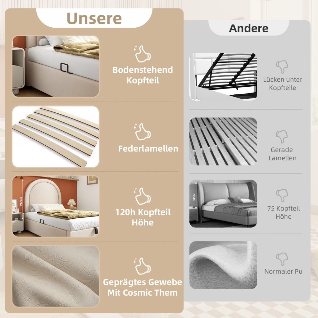 Letto contenitore 90 × 200 cm con testiera imbottita in PU beige struttura in metallo legno e MDF