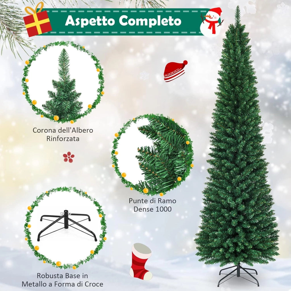 Albero di Natale 150/180/210/240 cm, Albero di Natale Slim con 220/400/700/1000 Rami Folti e Realistici e Base in Metallo, Albero di Natale Artificiale per Casa e Negozio, Verde (240 cm)