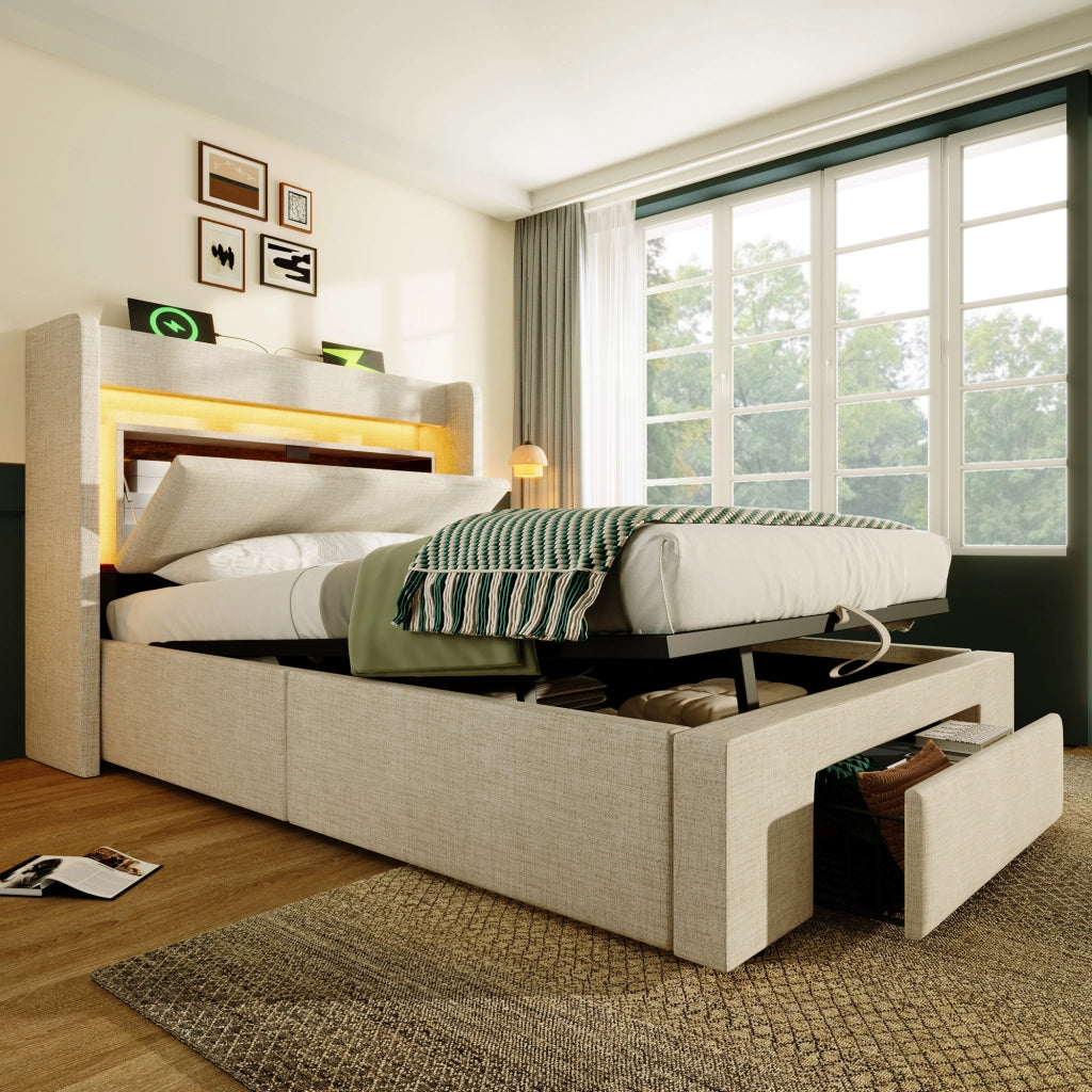 Letto imbottito 90x200 cm con contenitore, LED, USB e USB-C, beige
