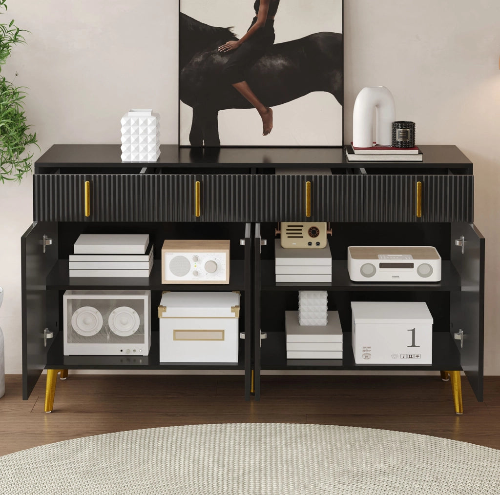 Credenza nera 140 cm con 4 ante, 4 cassetti e dettagli dorati
