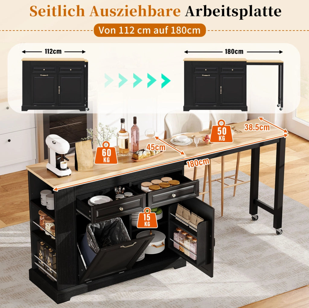 ISOLA DA CUCINA Mobile Estensibile 112-180x45x92 cm Nero/Naturale