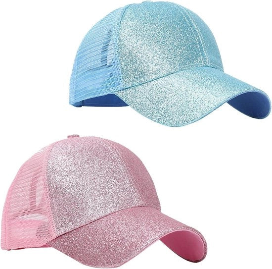 Cappello da Baseball con Coda di Cavallo Scintillante Estate Sport Blu Rosa
