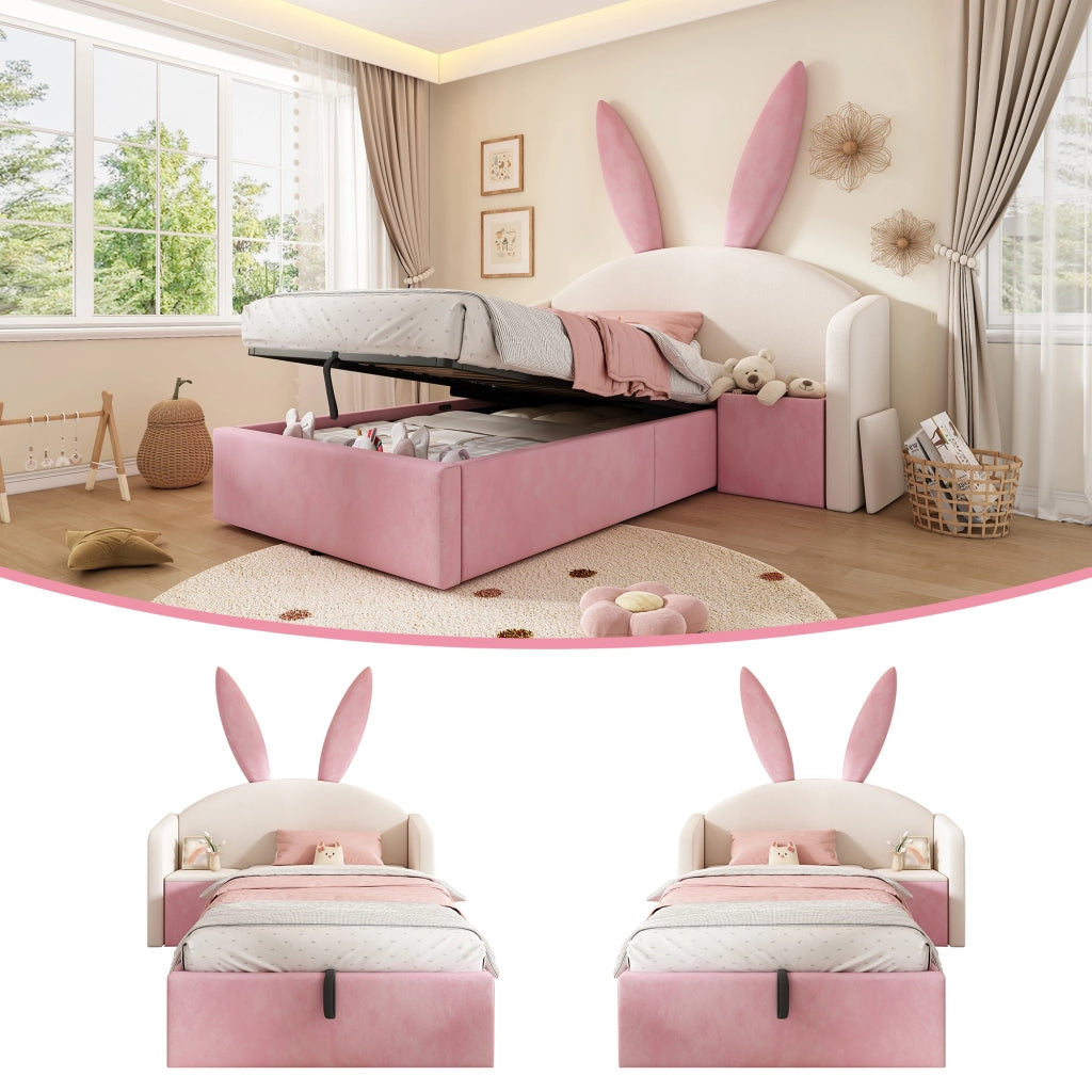 Letto contenitore 90 × 200 cm con comodino reversibile testiera imbottita in velluto beige e rosa