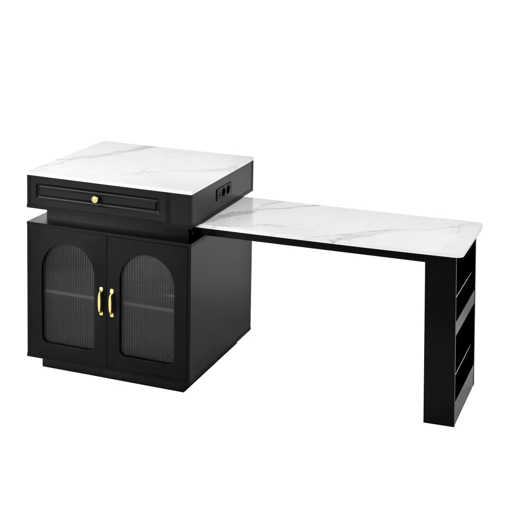 Isola Cucina con Ruote e Tavolo da Pranzo Allungabile; Tavolo Bar con Prese e LED; Nero