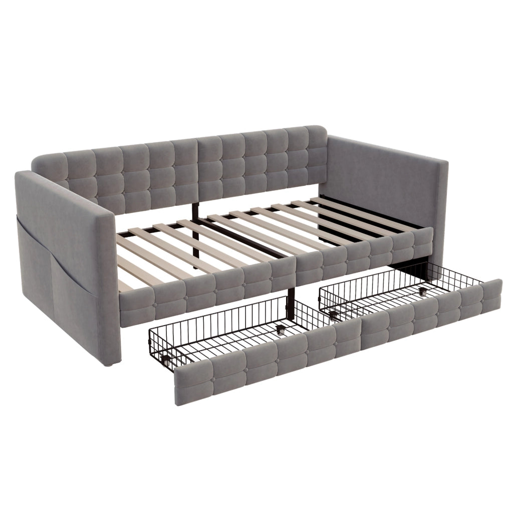 Letto imbottito 90x190 cm con 2 cassetti; tasche laterali e velluto grigio