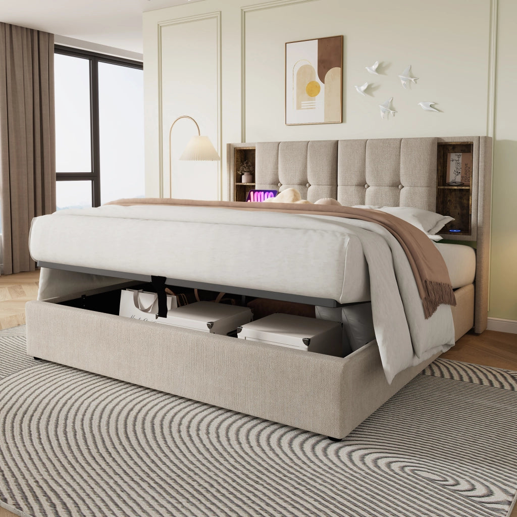 LETTO Contenitore 160x200 cm Lino Naturale con ricarica wireless USB-C