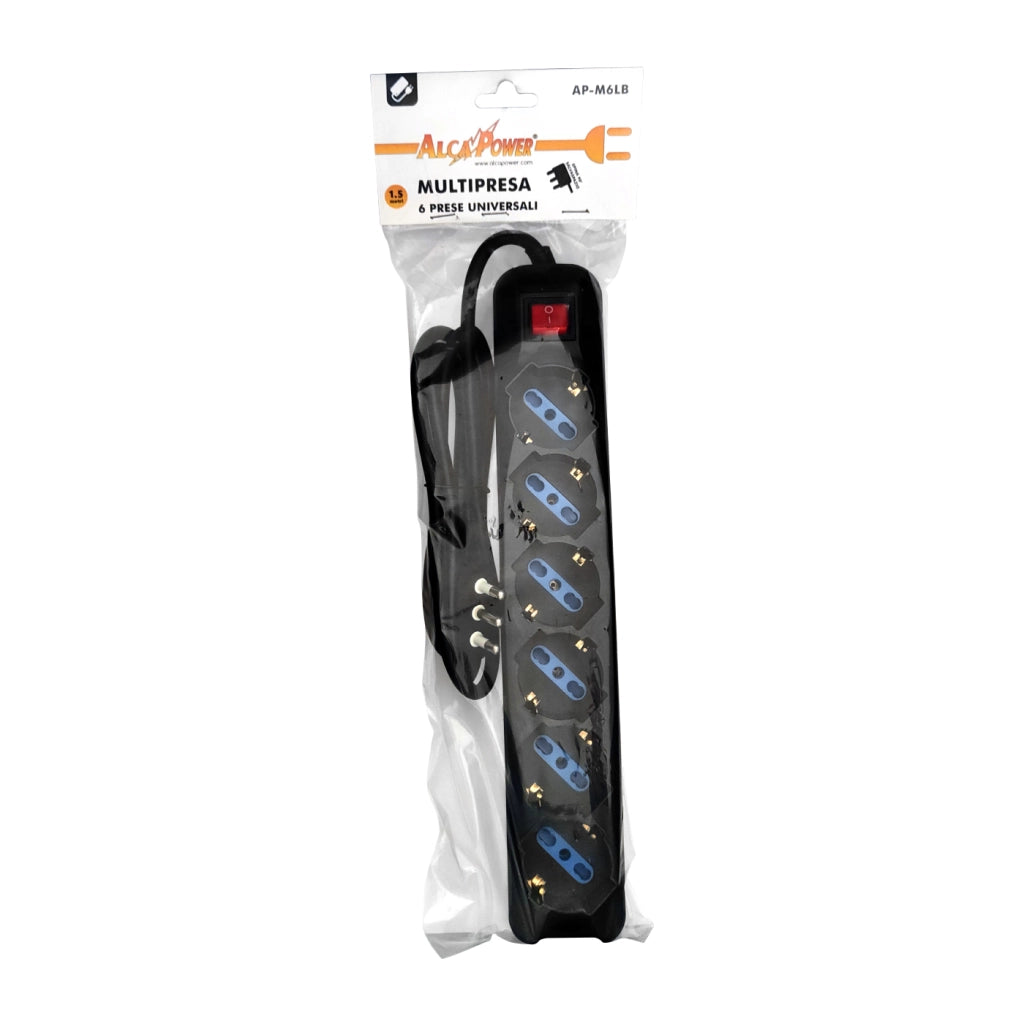 Alcapower Multipresa Elettrica 6 Prese Schuko Bipasso, Cavo da 1.5 metri, Spina 16A 90 gradi, Interruttore Luminoso, Colore Nero - ALC-6-15