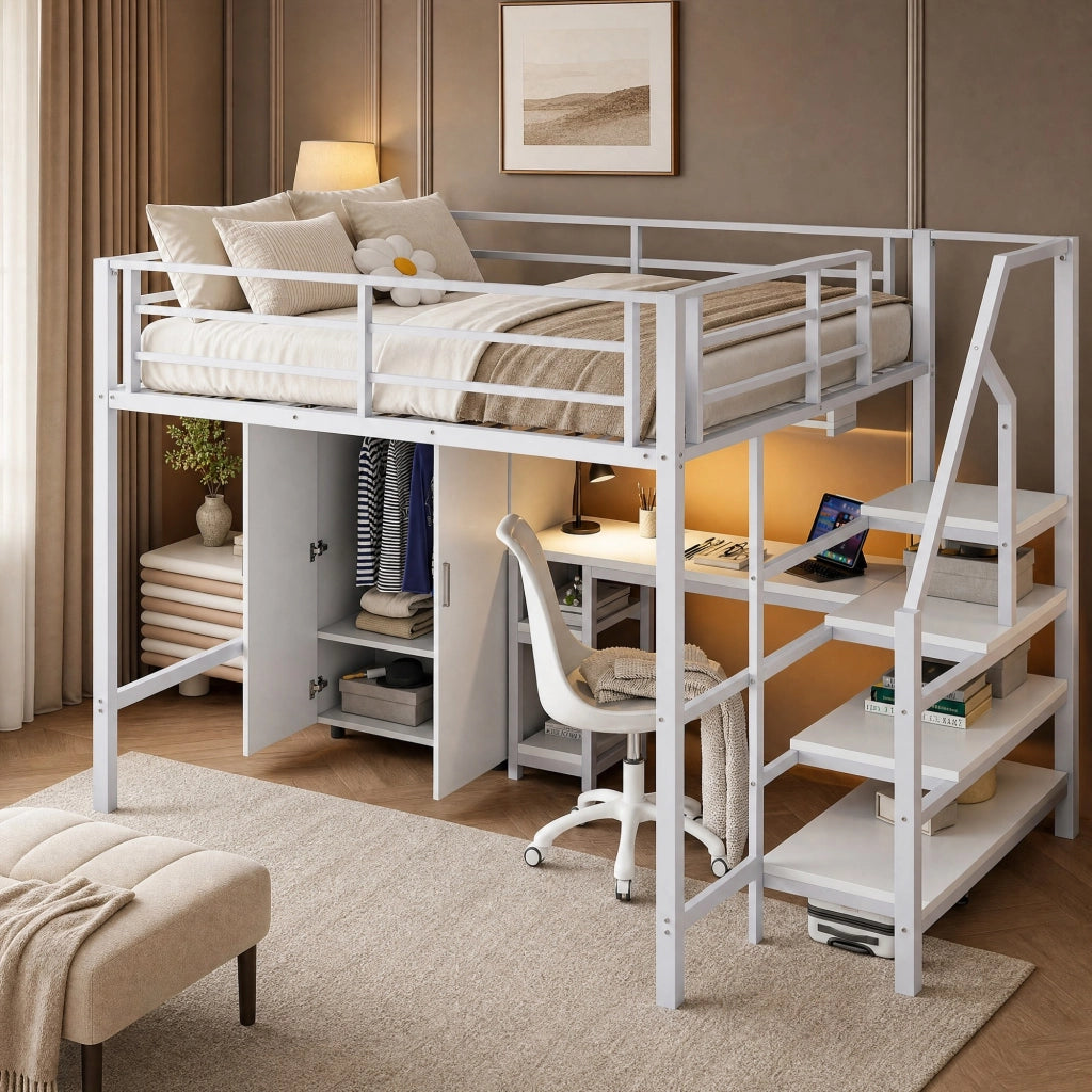 Letto a soppalco 140 × 200 cm con scrivania armadio scaffali e scala contenitore in metallo e MDF bianco