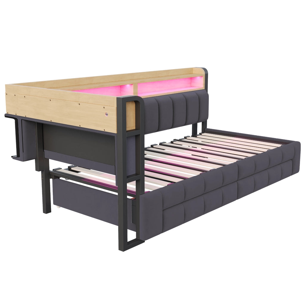 Letto estraibile 2 posti con 2 cassetti; LED regolabile; USB; Type-C e vani 90 × 200/180 × 200 cm