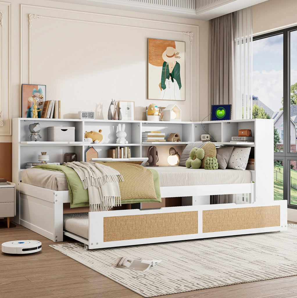Divano letto singolo in legno bianco 90x200 cm con letto estraibile, ricarica USB e vani