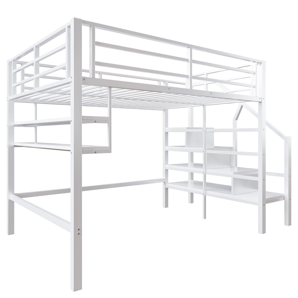 Letto a Soppalco 140x200 cm in metallo con Ripiani Bianco