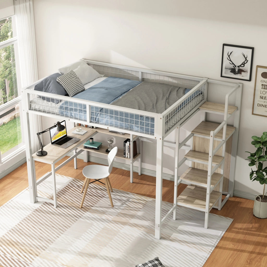 Letto a soppalco 140 × 200 cm con scrivania; ripiani e armadio integrato in metallo e MDF bianco