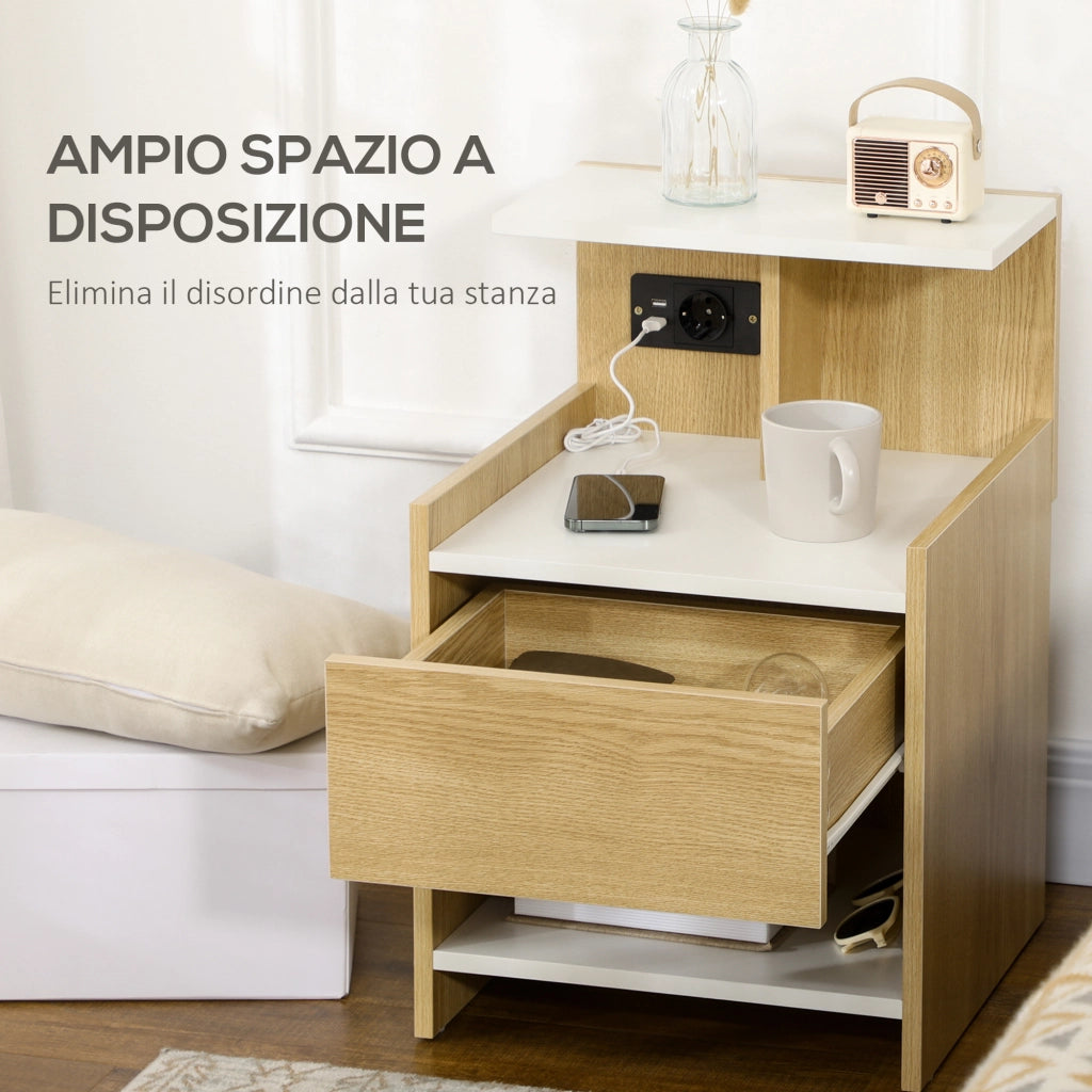 Comodino moderno con 2 prese USB e cassetto ¨C zephmum ¨C 40x40x60cm, colore legno