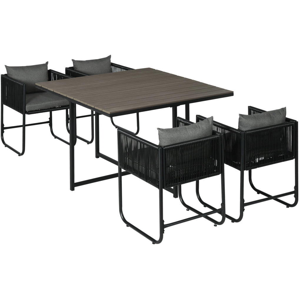 Set da giardino 5 pezzi in polyrattan con tavolo quadrato 110x110 cm e 4 sedie imbottite
