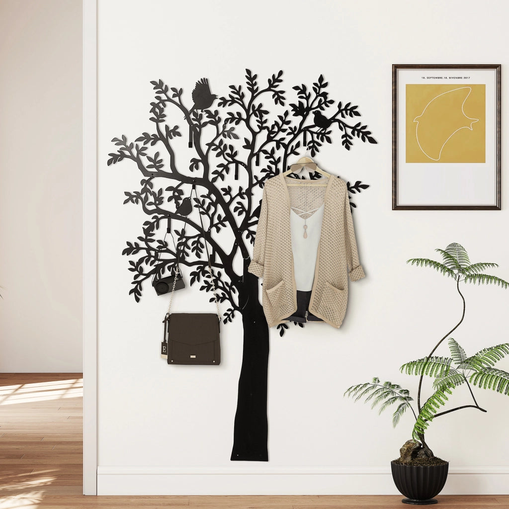Appendiabiti da parete con 8 ganci, design ad albero con 4 uccelli, nero, salvaspazio, per ingresso
