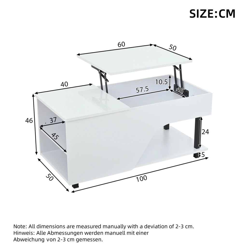 TAVOLO DA SALOTTO H 46-60 cm 50x100 cm Bianco con LED e contenitore