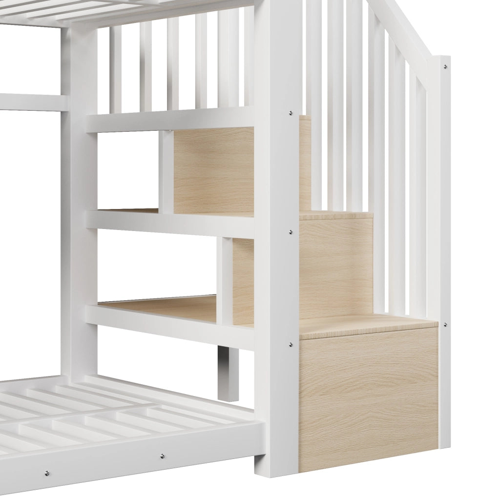 Letto a castello 90 x 200 cm bianco con scala contenitore e luci LED