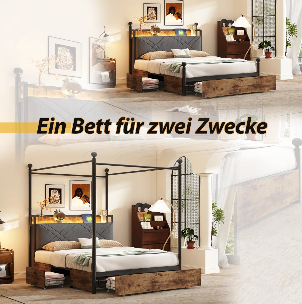 Letto multifunzionale 140x190 cm in ferro; baldacchino removibile; LED; USB e Type-C; nero