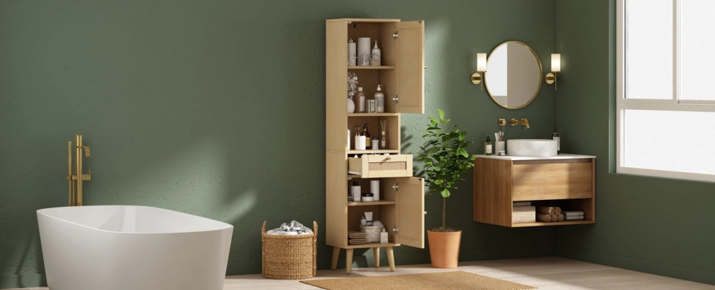 Mobile bagno alto 166 cm con ante in rattan reversibili, cassetto, chiusura magnetica e cerniere soft-close, 40x30x166 cm, colore legno naturale