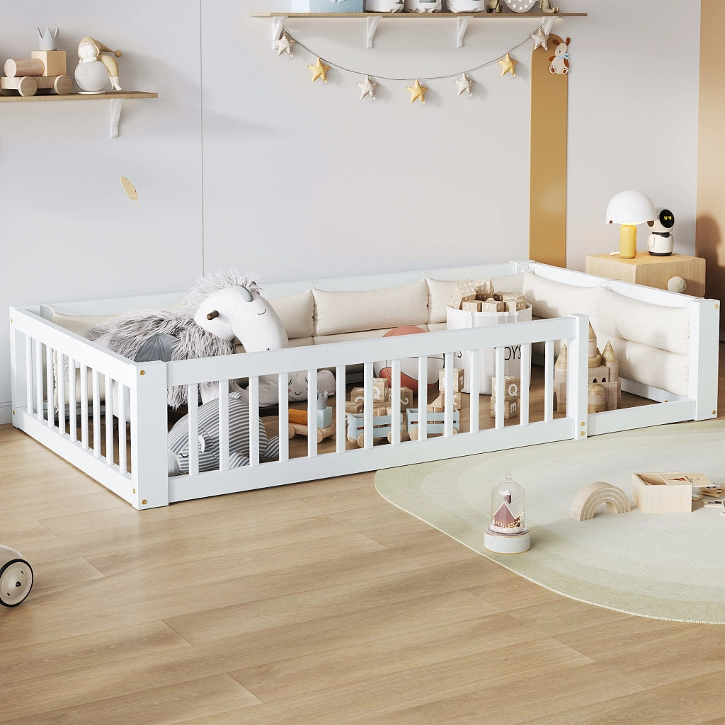Desviae Letto basso 90 × 200 cm 1 posto con sponde di sicurezza e cuscini, senza materasso, legno massello e MDF, bianco