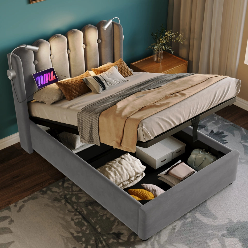 Letto singolo contenitore 90 × 200 cm in velluto grigio con luce da lettura USB rete a doghe e testiera