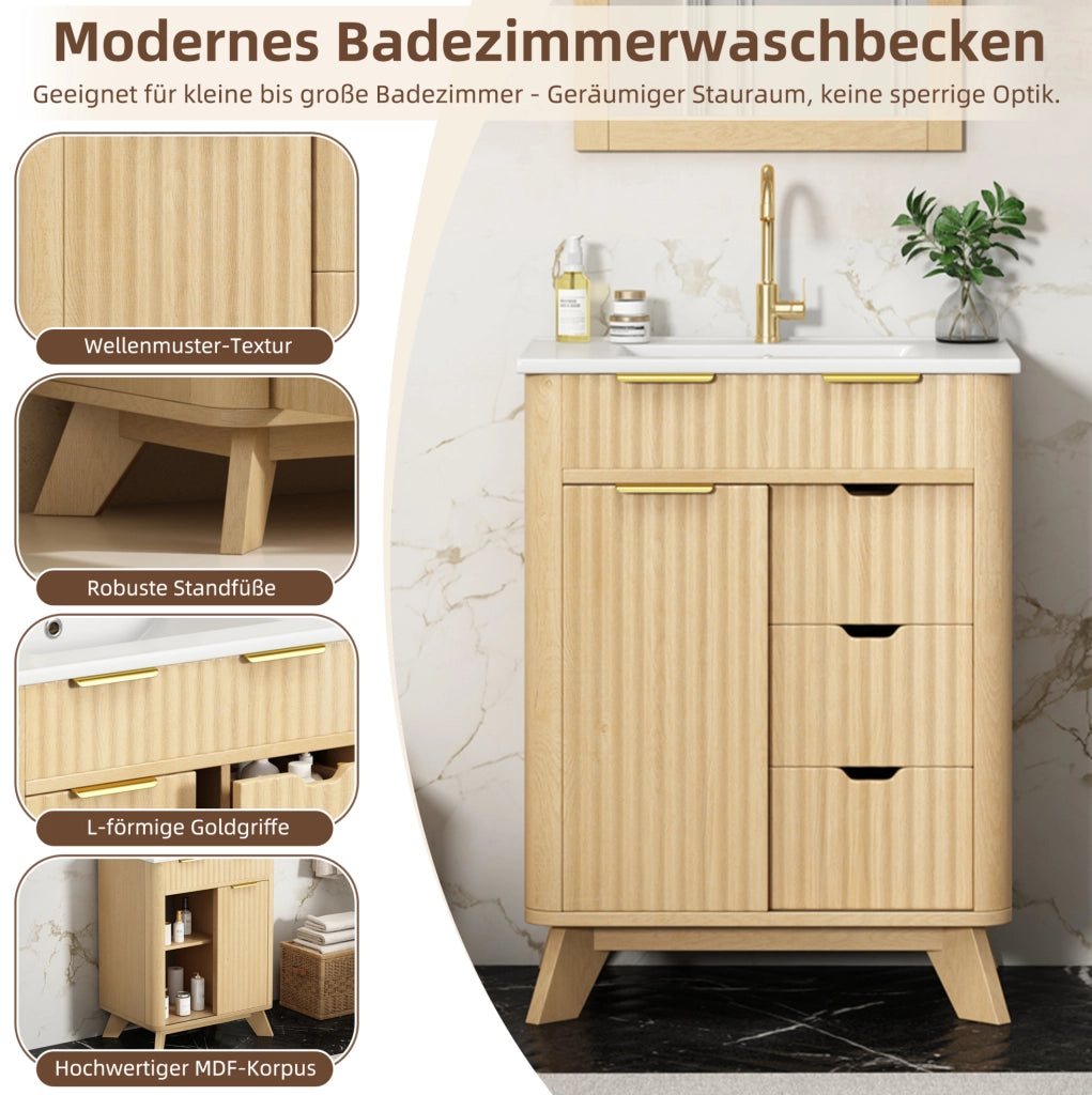 Mobile bagno 61 cm con effetto onde in legno naturale, 3 cassetti estraibili e anta scorrevole con ripiano, lavabo in ceramica incluso