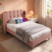 Letto imbottito singolo 90x200 cm in velluto rosa con USB e Type-C