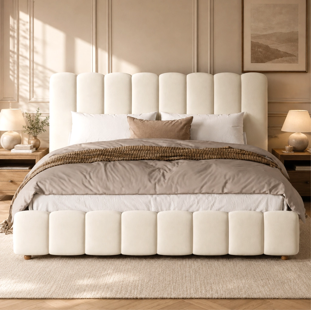 Letto matrimoniale imbottito ULEVR 180x200 cm con contenitore idraulico e rete a doghe, velluto beige