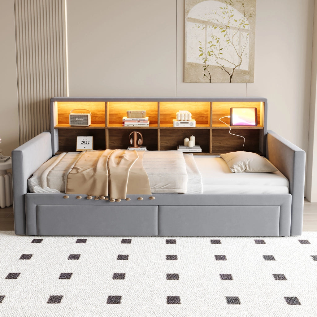 Letto divano 90×190 cm estensibile 180×190 cm con 2 cassetti; LED; USB e presa di tipo C; senza materasso; grigio