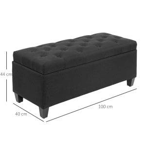Panca contenitore imbottita in poliestere effetto lino nera 100x40x44 cm con gambe in legno di gomma