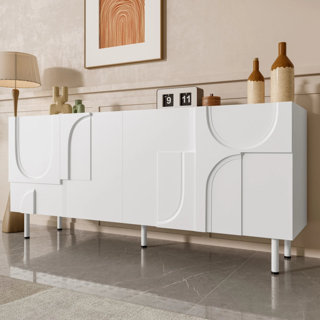 Credenza e madia geometrica con ante silenziose, per sala da pranzo, in MDF e truciolare bianca, 160 × 38,5 × 70 cm