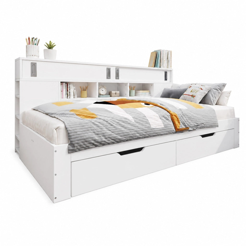 Letto con cassetti 140 × 200 cm con vani laterali e ripiani regolabili in MDF bianco con rete a doghe