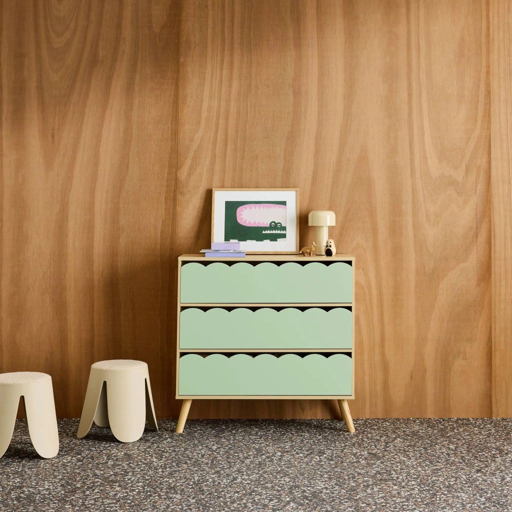 Cassettiera per bambini effetto legno 3 cassetti, verde