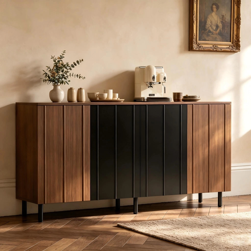 Credenza Cucina 160 cm Mobile Buffet 4 Ante Sideboard Noce e Nero