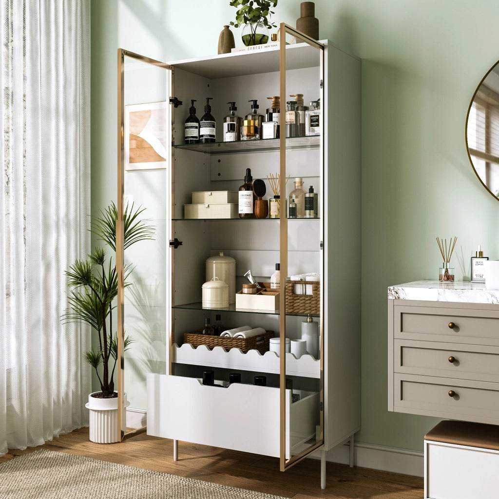 Armadio alto con anta in vetro, ripiani in vetro regolabili in altezza e cassetto, piedi in metallo, decorazione a onde, per soggiorno, camera da letto e ingresso
