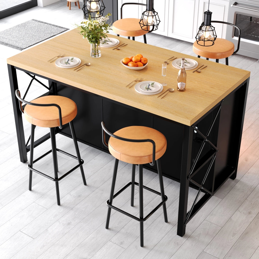 Isola da cucina con 3 cassetti; ante in vetro scanalato e piano 150 x 80 cm; nera e naturale