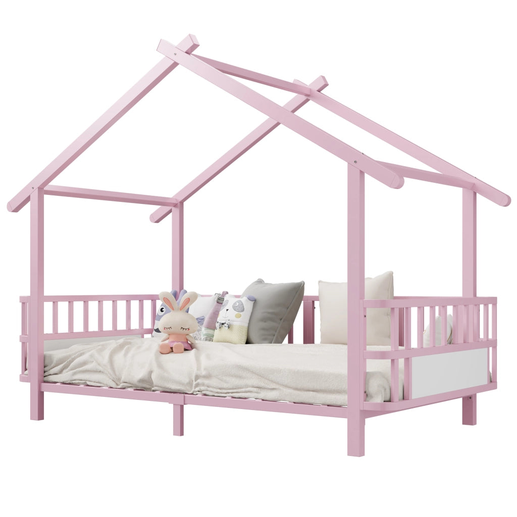 Letto per bambini in metallo a forma di casa, 90 x 200 cm, con griglia di sicurezza, design a tetto e cornice decorativa, per bambini e bambine, Rosa