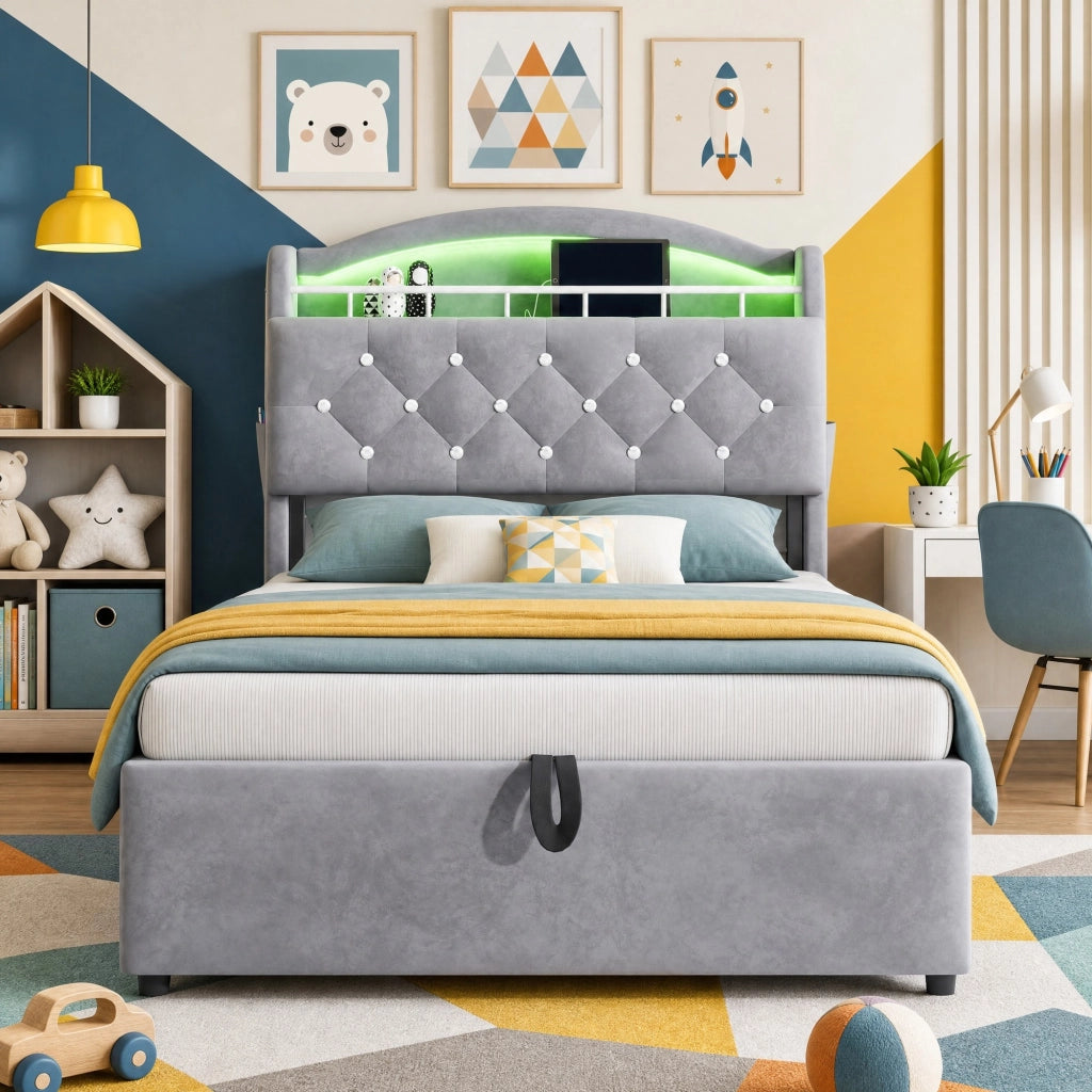 Letto singolo imbottito per bambini 90x200 cm con spazio contenitivo, LED e porte USB, colore grigio