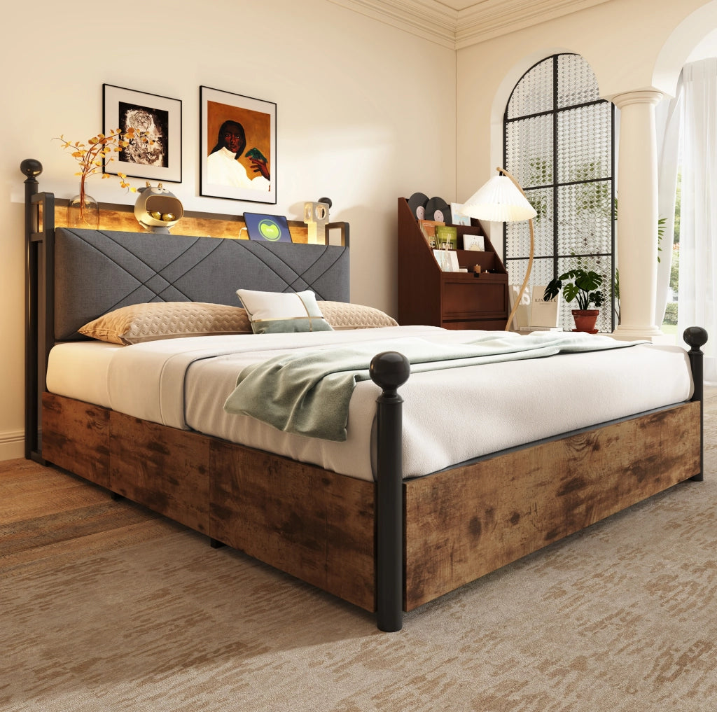 Letto multifunzionale 140x190 cm in ferro; baldacchino removibile; LED; USB e Type-C; nero