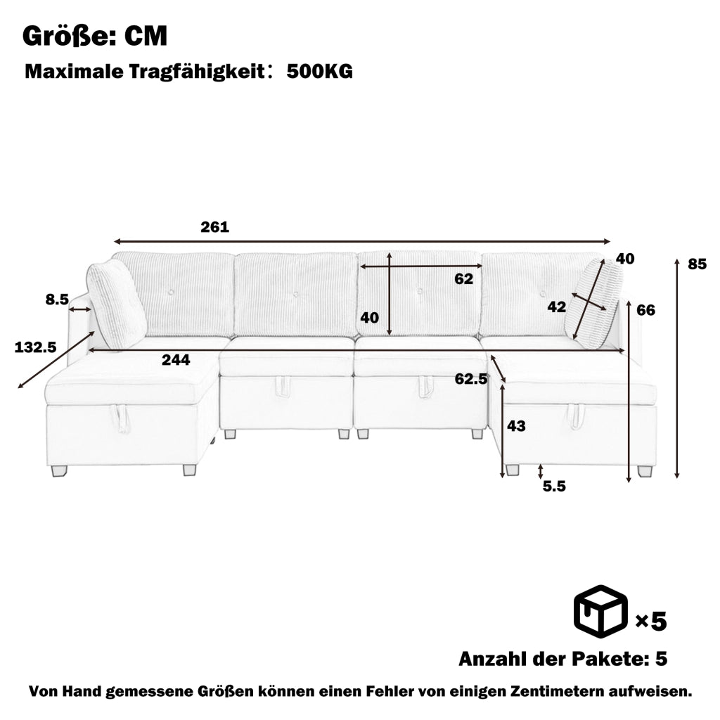 Divano modulare a U 6 moduli con contenitore e cuscini; velluto e cord; grigio antico