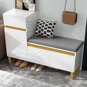 Scarpiera con panca imbottita, 2 ante, cassetto e vano aperto per ingresso, in MDF bianco, 120 × 35 × 85 cm